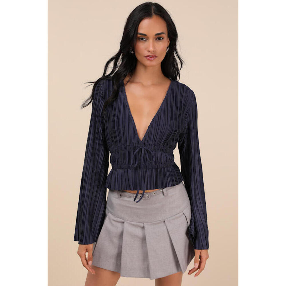 Lulus Staying Optimistic Navy Pleated Bell Sleeve Top Blue - Size S